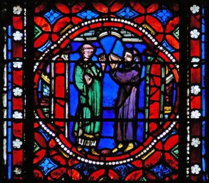 Ventana s1-R escena del viaje de San Bonnet a Roma; recibe refrescos del abad del monasterio en l