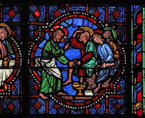Ventana w02 que representa a Cristo lavando los pies de sus discípulos de French School