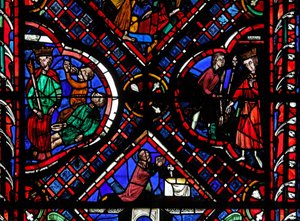 Ventana w03 que representa escenas de la leyenda de San Juan, incluyendo al santo y la copa envenenada de French School