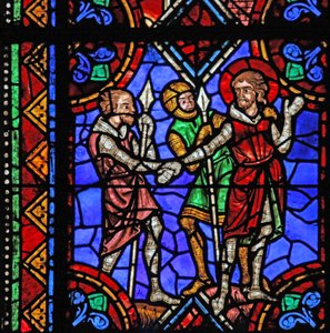 Ventana w06 que representa la historia de San Julián de Brioude - San Ferreol, un amigo de Julián, que murió durante las persecuciones de Diocleciano, es arrestado de French School