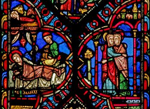 Ventana w0 que representa la Natividad y la Visitación de French School