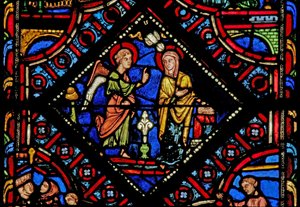 Ventana w0 que representa a la Virgen María en la Anunciación de French School