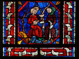 Ventana que representa donantes - viñadores trabajando de French School