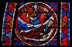 Ventana w109 que representa el sueño de San Martín donde se encuentra con Cristo de French School