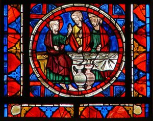 Ventana w109 que representa una escena de la vida de Santa María Magdalena - en la comida en casa de Simón de French School