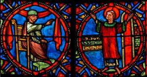 Ventana w10 que representa al Sumo Sacerdote tratando de disuadir a San Esteban de predicar (moderna)