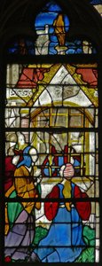 Una escena de la vida de Santo Tomás: Santo Tomás en prisión es visitado por la Princesa Migdomie; vidrio veneciano de French School
