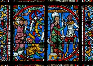 Ventana w125 con una escena de la vida de Santa Catalina: Maxencio ordena que la rompan en la rueda de French School