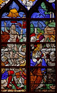 Ventana w12 que representa una escena de la Resurrección: las Santas Mujeres en la Tumba