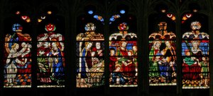 Ventana w132 que representa la Anunciación, Natividad: María Cleofás con Santiago el Menor: María Salomé con San Juan: Santa Ana con la Virgen como Trinidad de French School