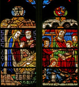 Ventana w132 que representa la Natividad; María Cleofás y los apóstoles niños de French School