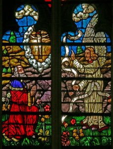 Ventana w136 que representa escenas de la historia de Daniel: una visión de la Crucifixión de French School
