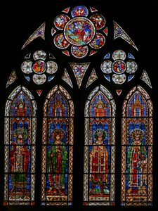Ventana w13 que representa a los emperadores del Sacro Imperio Romano: Otto I, II, III, Conrad y un hijo de French School