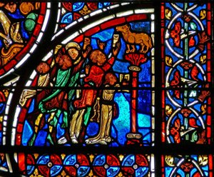 Ventana w13 que representa a los israelitas adorando el Becerro de Oro de French School