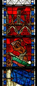 Ventana w15 que representa una escena de una leyenda de San Nicolás: el milagro de los 3 niños: un carnicero mata a tres niños de French School