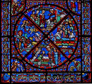 Ventana w15 que representa la historia de las reliquias de San Esteban: la sección inferior de la ventana de French School