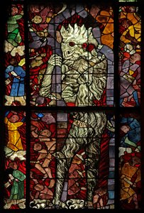 Ventana w16 que representa una escena del Juicio Final: el Diablo asiste de French School