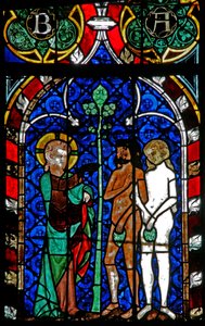 Ventana w17 que representa a Adán y Eva tratando de esconder su desnudez de French School