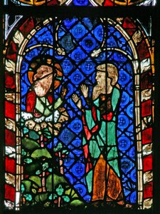 Ventana w17 que representa a Dios instruyendo a Noé para construir el Arca de French School