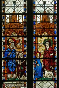 Ventana w17 que representa a San Nicolás y el donante Oudin de Troyes; Santa Ana y la Virgen María de French School