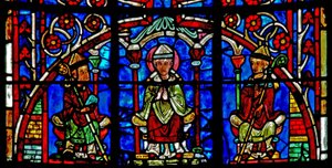 Ventana w19 que representa a San Nicolás convirtiéndose en Obispo de Myra de French School