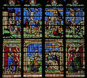 Ventana que representa la Crucifixión, el Descendimiento y la Piedad de French School