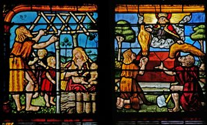 Ventana w1 que representa a Adán construyendo una casa y Eva criando a sus hijos; Caín y Abel haciendo sus ofrendas al Señor de French School