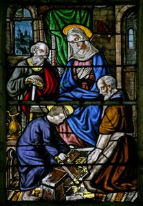 Ventana w1 que representa a Jesús como carpintero de French School