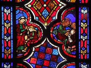 Ventana w1 que representa a Jesús con Marta y María Magdalena de French School
