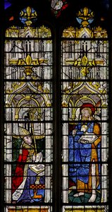 Ventana w1 que representa a San Juan Bautista y el donante Jean Barton de French School