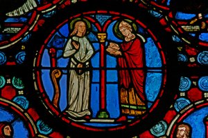 Ventana w1 que representa una escena de la vida de San Martín de French School
