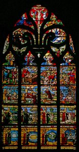 Ventana w1 que representa la Creación, el Génesis y la Redención de French School