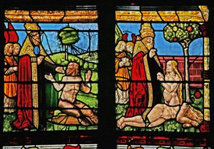 Ventana w1 que representa la Creación de Adán y Eva de French School