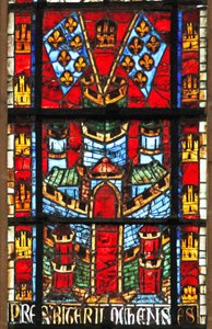 Ventana w205 que representa un castillo y banderas con flor de lis de French School