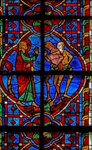 Ventana w207 que representa a Adán y Eva amonestados por comer fruta de French School