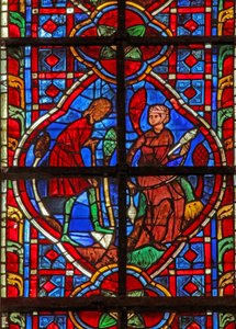 Ventana w207 que representa a Adán cavando mientras Eva hila de French School