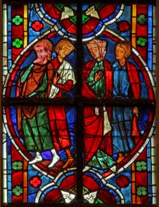 Ventana w209 que representa a un grupo de 3 hombres y una mujer de French School