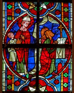 Ventana w209 que representa una escena de una leyenda de San Nicolás: él ayuda a recuperar los bienes robados de French School