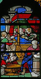 Ventana que representa una escena de la Vida de la Virgen María: su nacimiento
