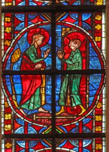 Ventana w210 que representa a Santiago y el aprendiz de mago Hermógenes, Fileto de French School