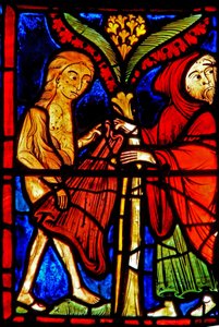 Ventana w21 que representa a Zósimo dando su manto a Santa María Egipcíaca de French School