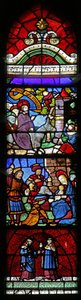 Ventana w22 que representa la Entrada a Jerusalén; Adoración de los Magos; San Cosme y San Damián