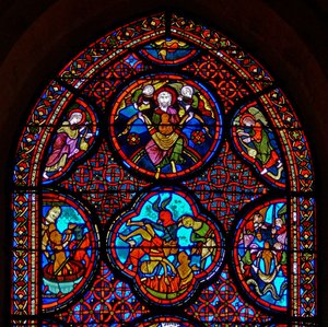 Ventana w23 que representa la Parábola del Rico y Lázaro: la sección superior de French School