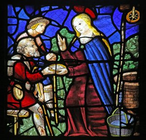 Ventana w24 que representa a Santa Genoveva dando de beber a un leproso de French School