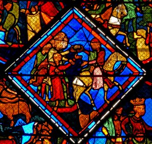 Ventana w24 que representa una escena de la historia de José: sus hermanos con su padre Jacob de French School