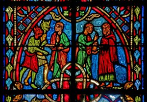 Ventana w2 que representa una escena de la historia de Teófilo (moderna) de French School