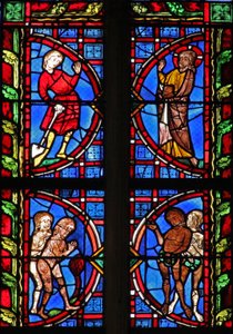 Ventana w30 que representa a Dios con Adán llevando una pala; Adán y Eva intentan esconder su desnudez de French School