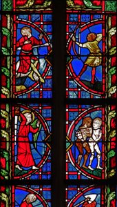 Ventana w30 que representa la muerte de Caín; Adán y Eva expulsados del Edén de French School