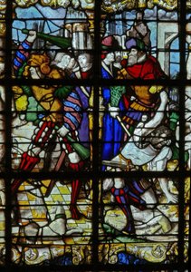 Ventana w37 que representa escenas de la vida de Santa Bárbara de French School