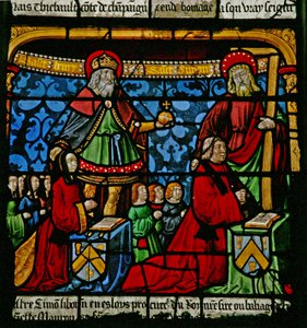 Ventana w3 que representa a los donantes - Henriette de Mauroy y Simon Liboron con sus hijos y los santos patronos San Enrique y Simón de Cirene de French School